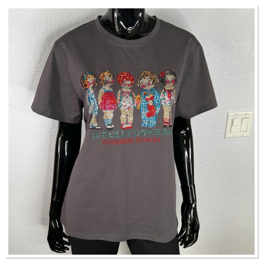 16 DOLLY DINGLES Printable Drwcys Rhinestone Graphic T-Shirt Sz L NWOT